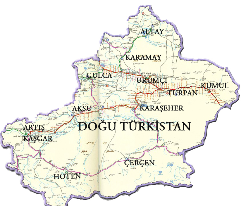 Map of East Turkistan showing its main cities and regions, including Ürümchi, Kashgar, Altay, Turpan, Aksu, Khotan and Kumul.